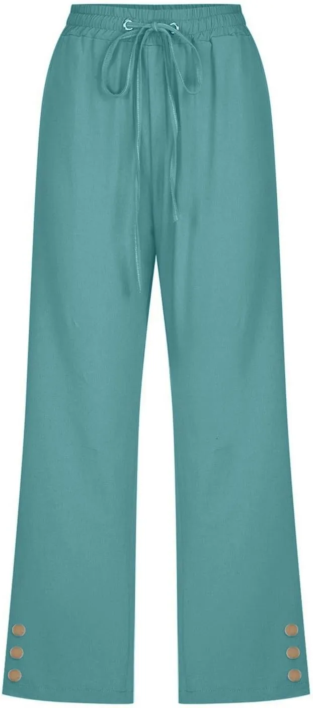 Plus Size Capri Pants for Women Casual 2025 Summer Cotton Linen Pants Drawstring High Waisted Capris with Pockets