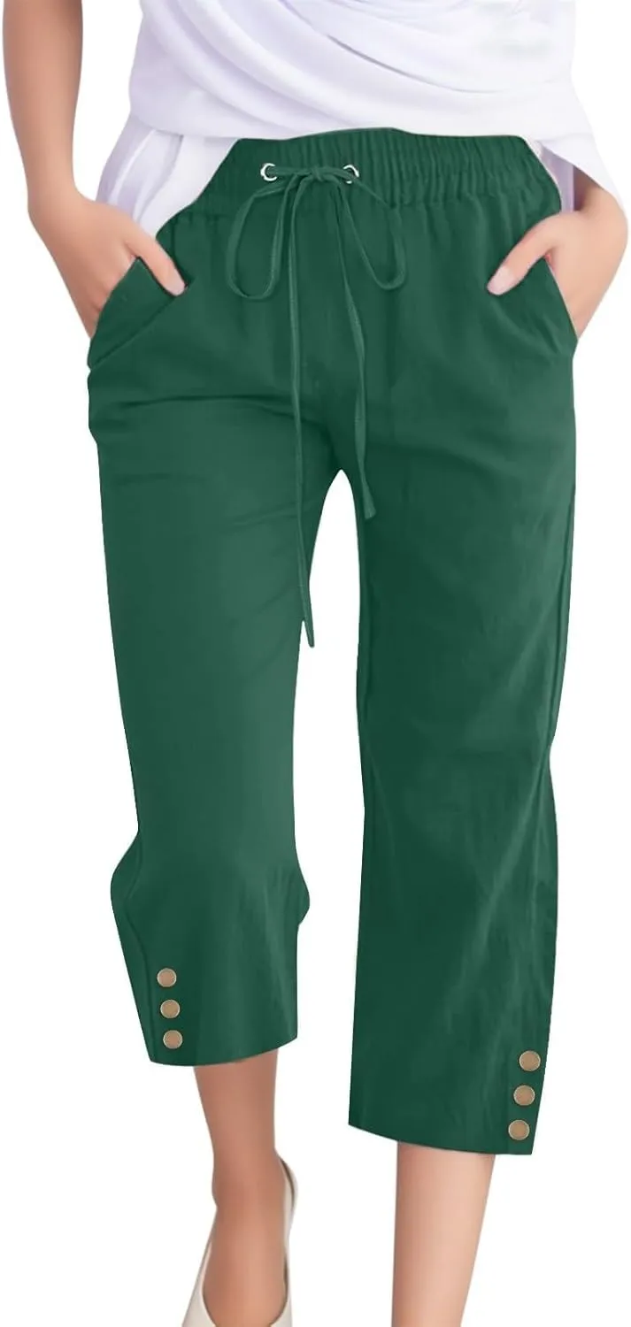 Plus Size Capri Pants for Women Casual 2025 Summer Cotton Linen Pants Drawstring High Waisted Capris with Pockets