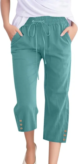 Plus Size Capri Pants for Women Casual 2025 Summer Cotton Linen Pants Drawstring High Waisted Capris with Pockets