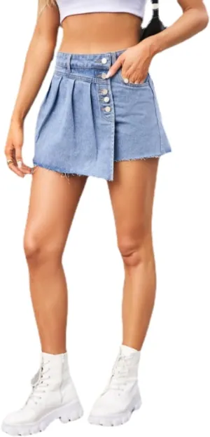 POHADON Women's Denim Skorts High Waisted Button Front Pleated Asymmetrical Hem Wrap Skirt with Pocket Jean Shorts
