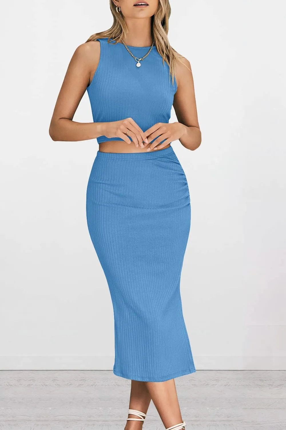 PRETTYGARDEN Women's 2 Piece Summer Outfits Crewneck Tank Tops Split Bodycon Midi Skirt Set