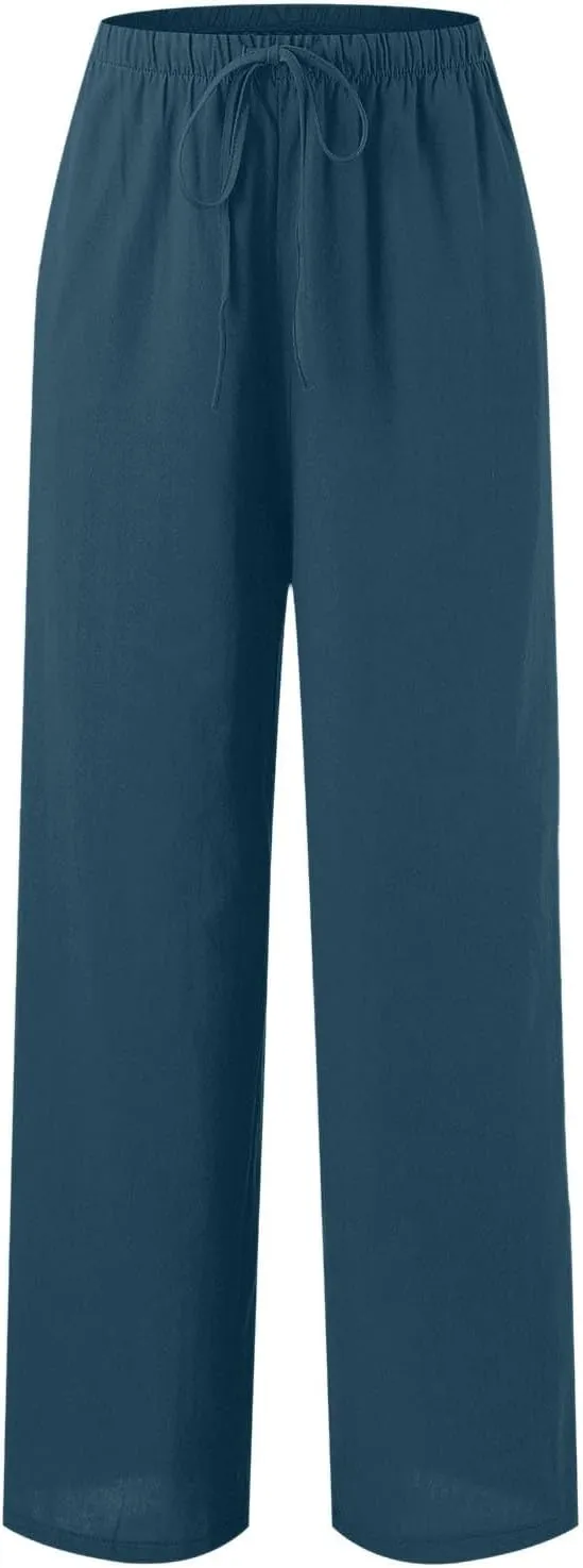 PTOLOCIF Linen Pants Women Summer,Wide Leg Capri Palazzo Pants Cotton Linen Pants Elastic Waist Casual Comfy Lounge Pants