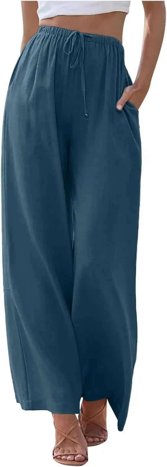 PTOLOCIF Linen Pants Women Summer,Wide Leg Capri Palazzo Pants Cotton Linen Pants Elastic Waist Casual Comfy Lounge Pants
