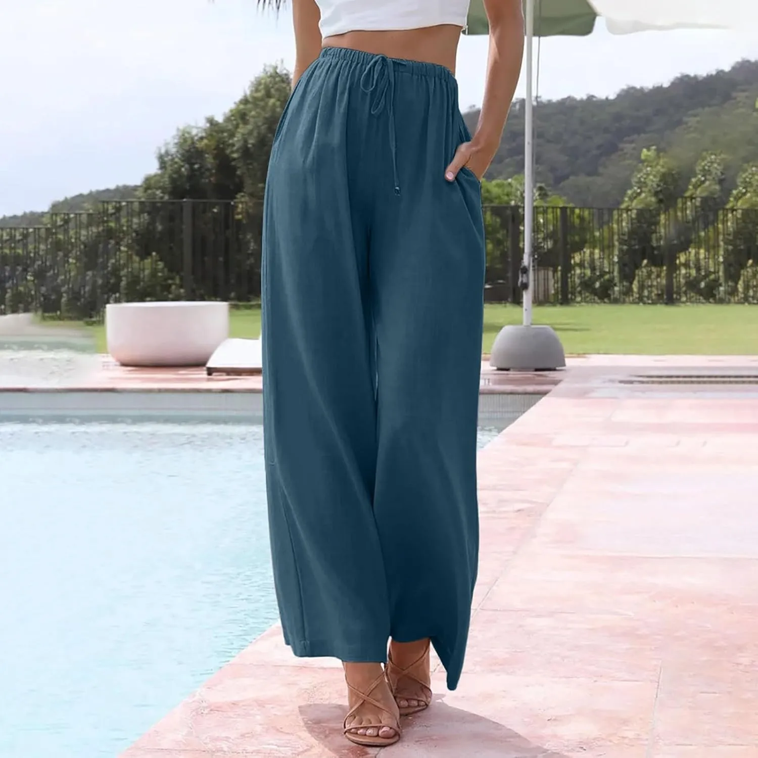 PTOLOCIF Linen Pants Women Summer,Wide Leg Capri Palazzo Pants Cotton Linen Pants Elastic Waist Casual Comfy Lounge Pants