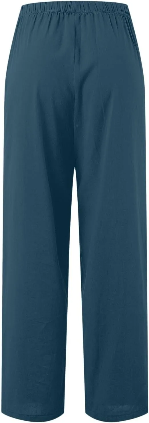 PTOLOCIF Linen Pants Women Summer,Wide Leg Capri Palazzo Pants Cotton Linen Pants Elastic Waist Casual Comfy Lounge Pants