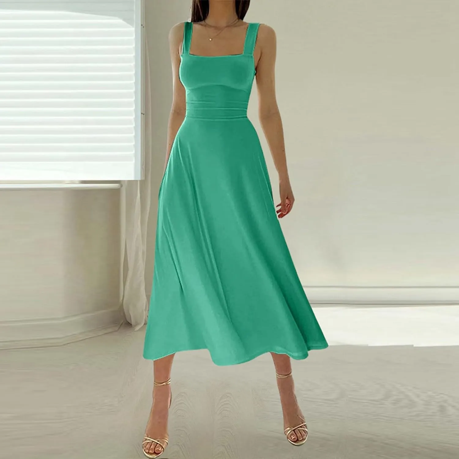 PTOLOCIF Women's Solid Color Thick Shoulder Strap Slim Fit Lace Up Waist Dress Casual Skirt Plus Size Dress Suits