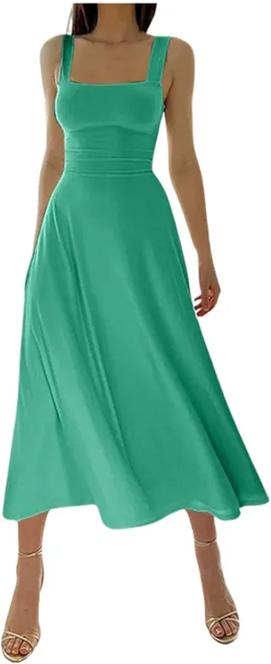PTOLOCIF Women's Solid Color Thick Shoulder Strap Slim Fit Lace Up Waist Dress Casual Skirt Plus Size Dress Suits