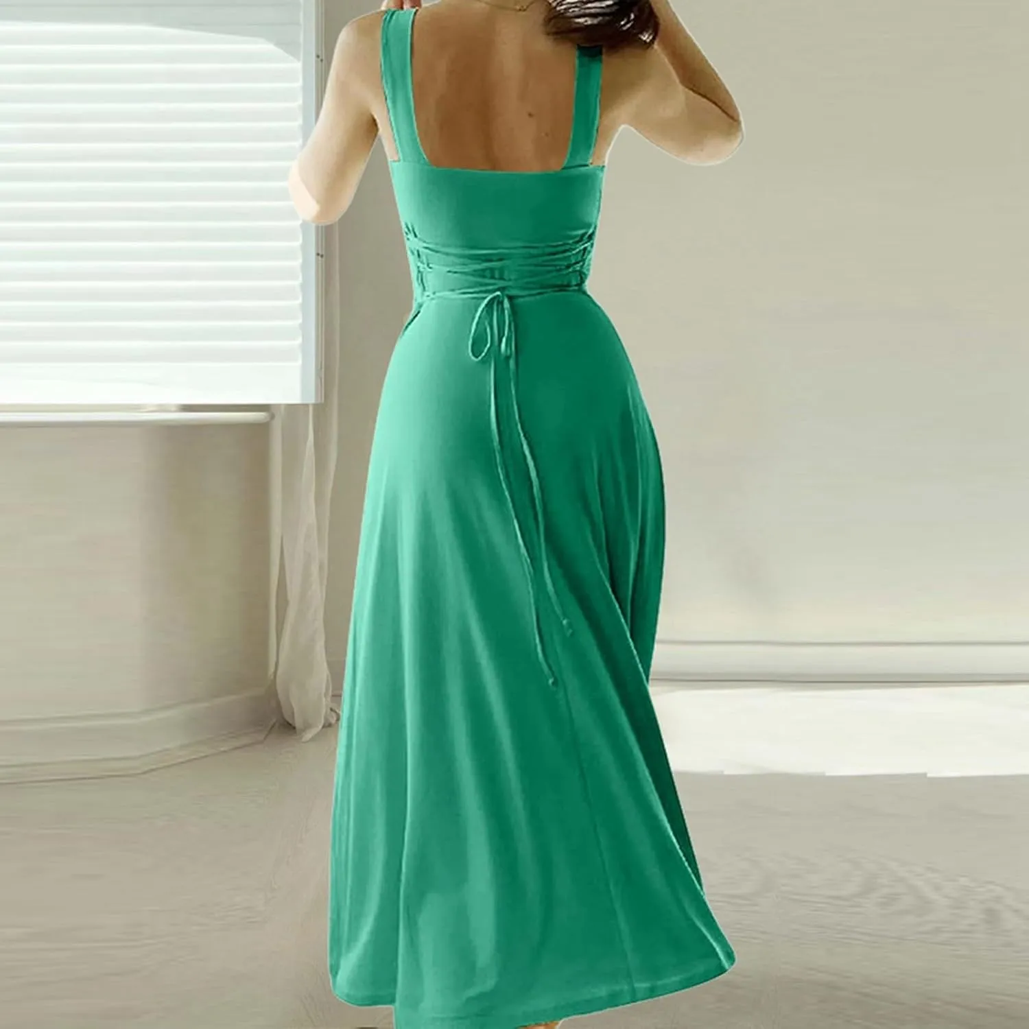 PTOLOCIF Women's Solid Color Thick Shoulder Strap Slim Fit Lace Up Waist Dress Casual Skirt Plus Size Dress Suits