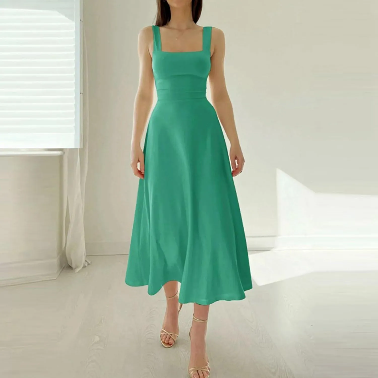 PTOLOCIF Women's Solid Color Thick Shoulder Strap Slim Fit Lace Up Waist Dress Casual Skirt Plus Size Dress Suits
