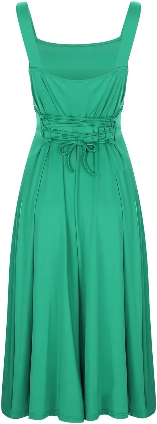 PTOLOCIF Women's Solid Color Thick Shoulder Strap Slim Fit Lace Up Waist Dress Casual Skirt Plus Size Dress Suits