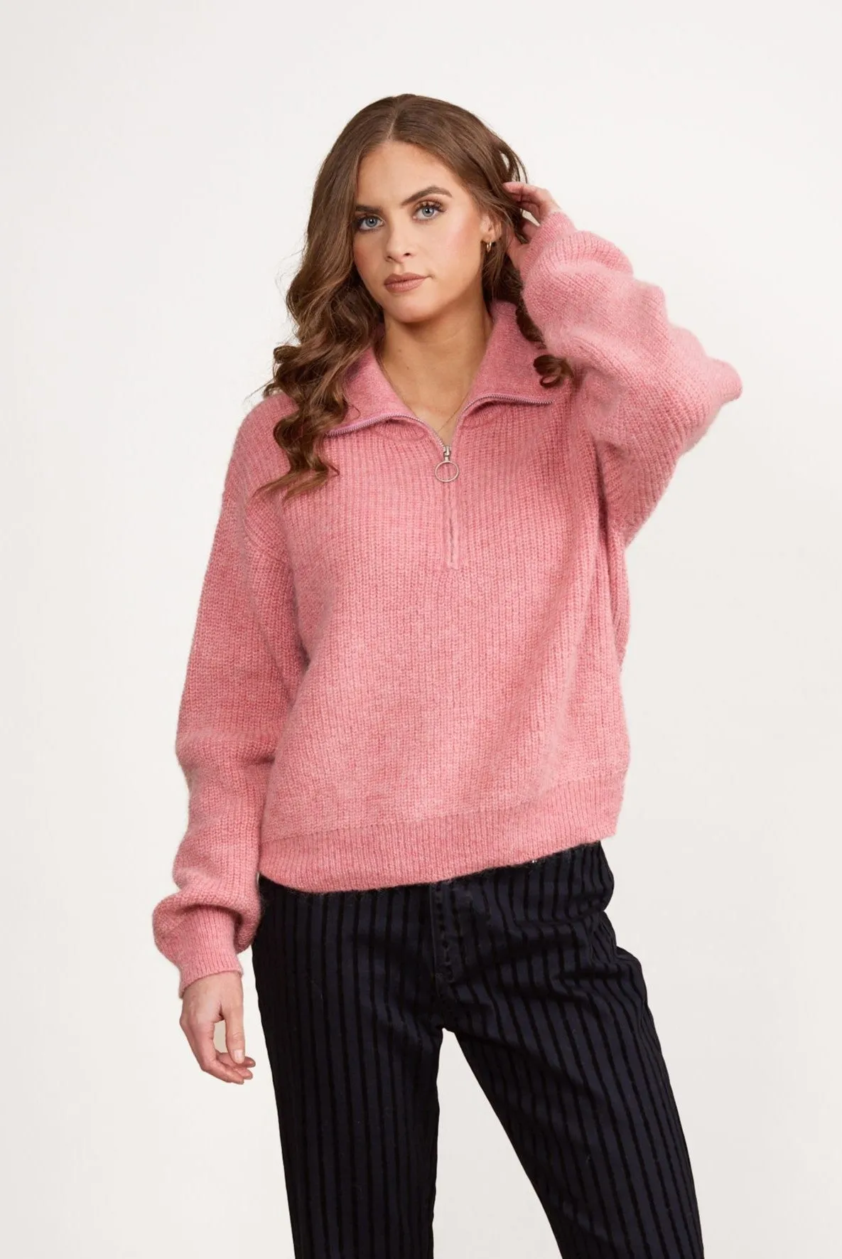 Relaxed Fit Half Zip Sweater with Collar - Rose Pink