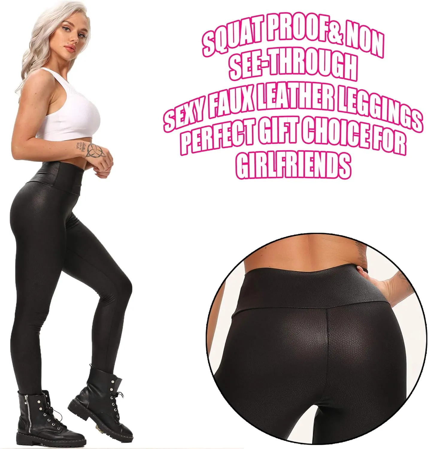 RIOJOY Womens Sexy Leather Leggings PU High Waist Butt Lifting Pleather Pants Stretchy Faux Leather Tights Push Up