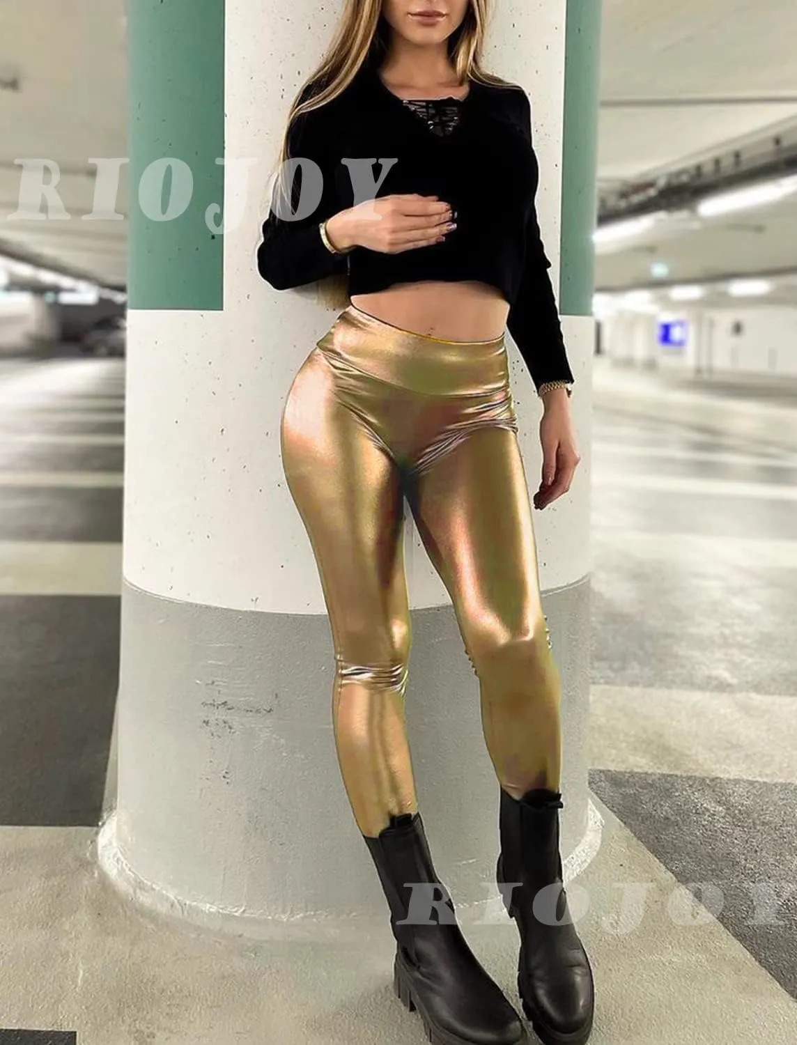 RIOJOY Womens Sexy Leather Leggings PU High Waist Butt Lifting Pleather Pants Stretchy Faux Leather Tights Push Up