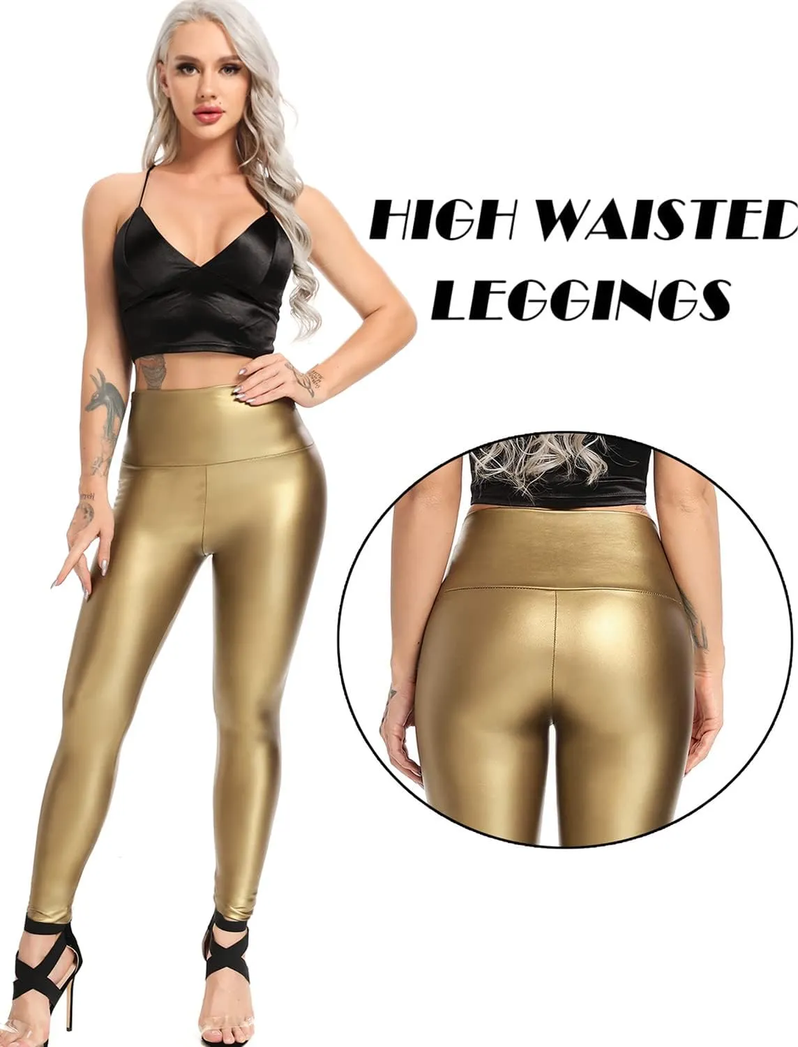RIOJOY Womens Sexy Leather Leggings PU High Waist Butt Lifting Pleather Pants Stretchy Faux Leather Tights Push Up