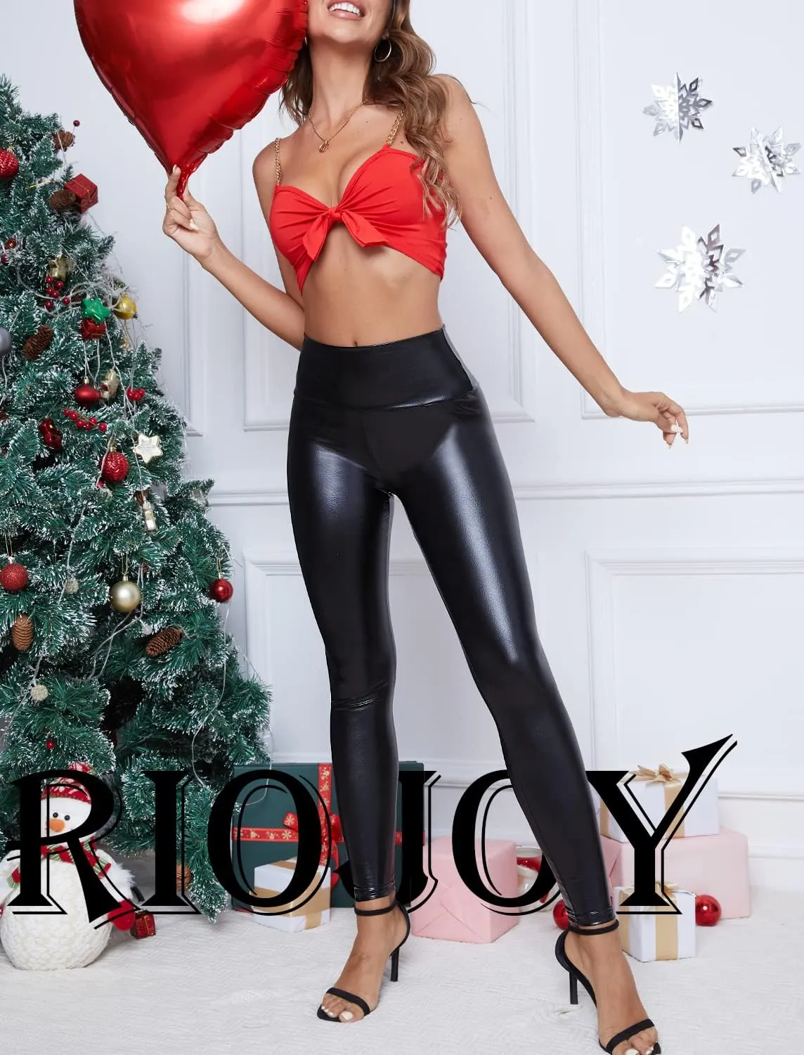 RIOJOY Womens Sexy Leather Leggings PU High Waist Butt Lifting Pleather Pants Stretchy Faux Leather Tights Push Up