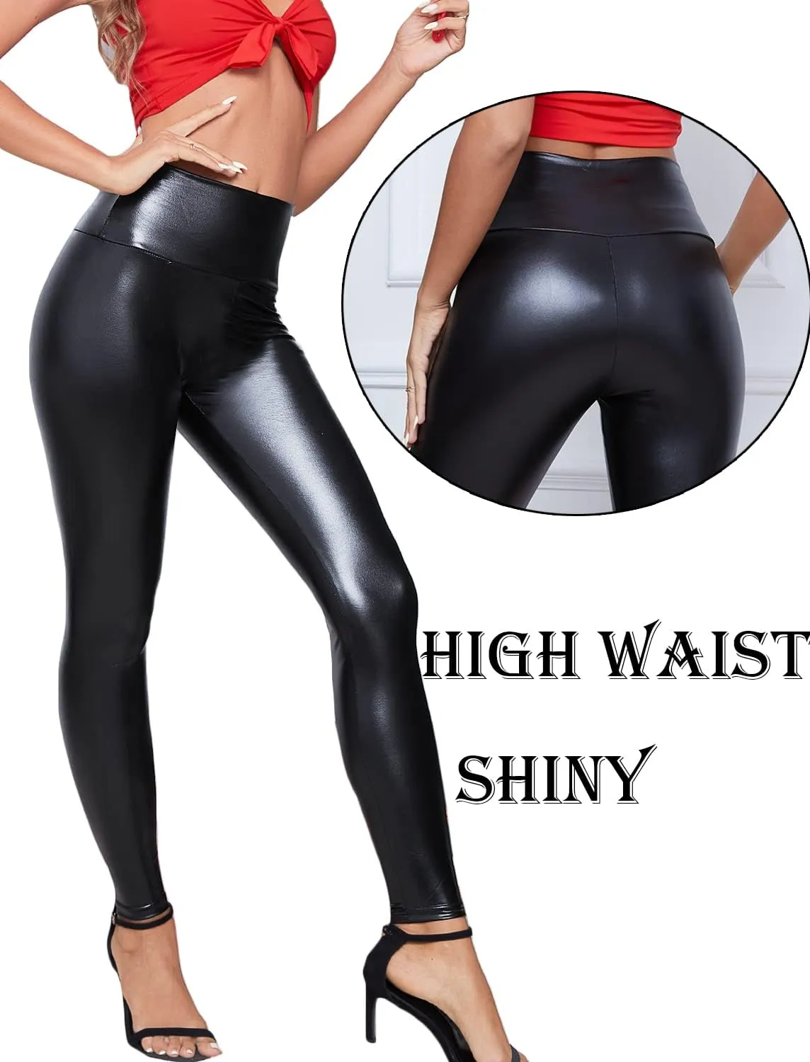 RIOJOY Womens Sexy Leather Leggings PU High Waist Butt Lifting Pleather Pants Stretchy Faux Leather Tights Push Up