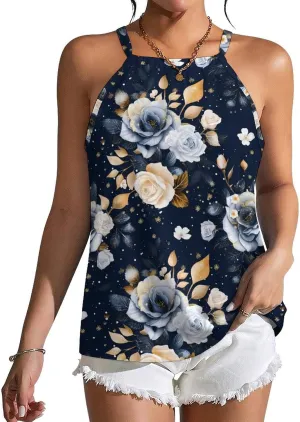 Rose Flowers Women's Tank Top Sleeveless Spaghetti Straps Tie Back Print T-shirt Tops