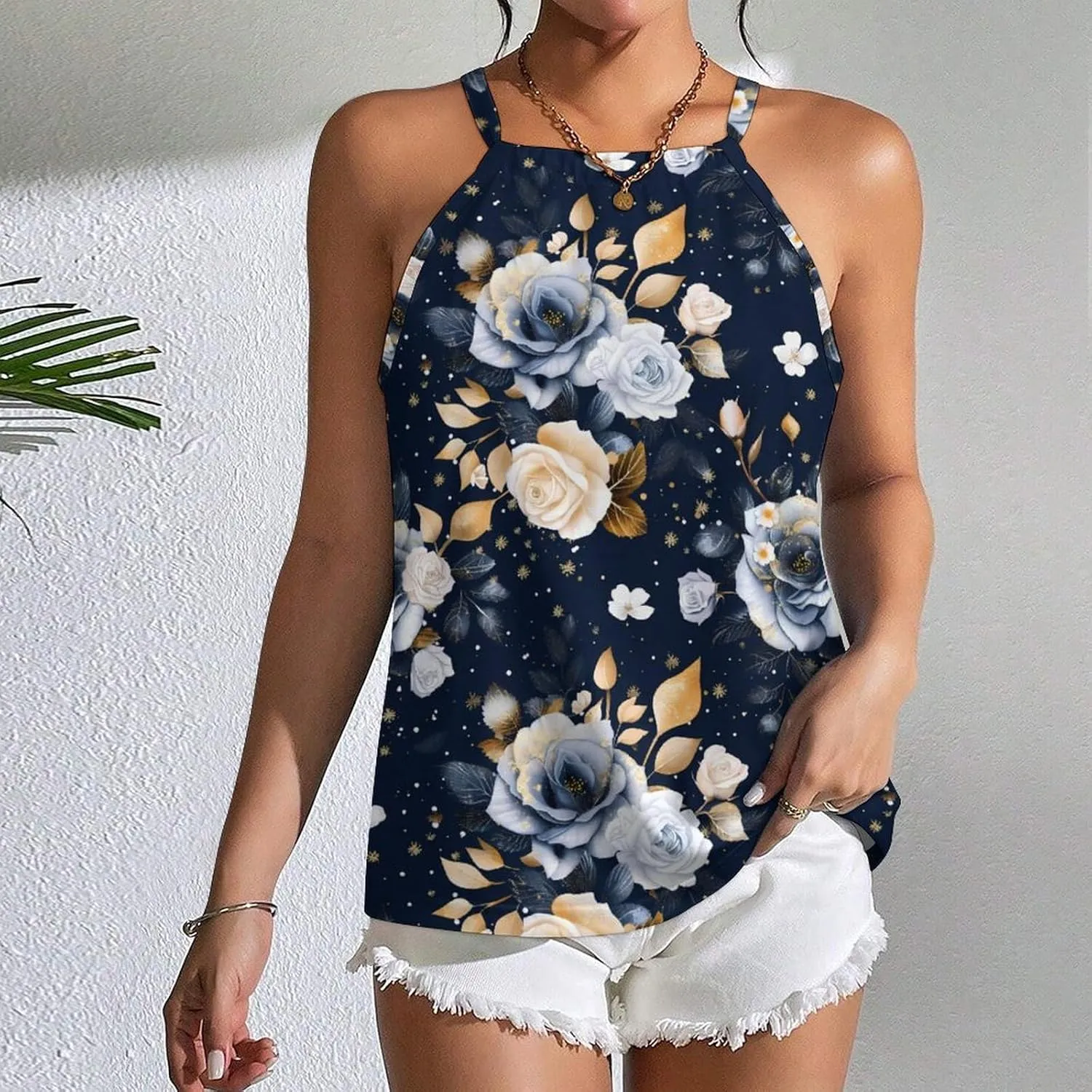 Rose Flowers Women's Tank Top Sleeveless Spaghetti Straps Tie Back Print T-shirt Tops
