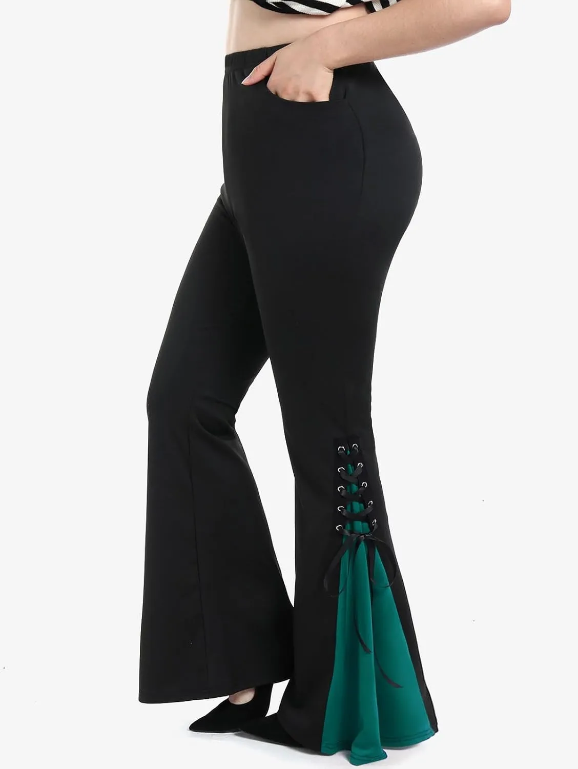 ROSE GAL Womens Plus Size Gothic Lace Up Two Tone Godet Hem Pull On Flare Pants