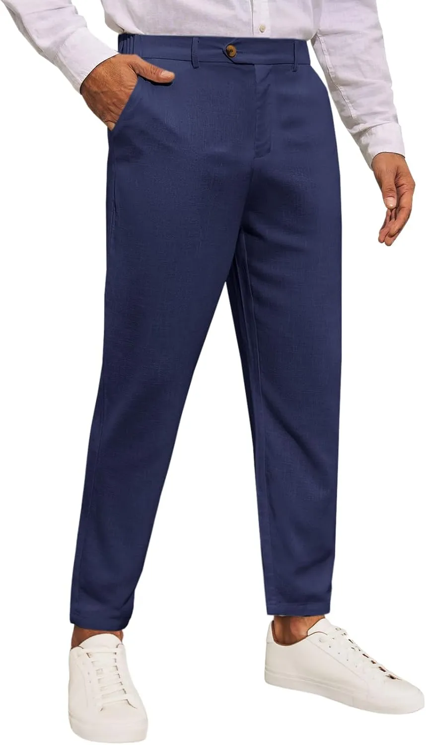 Runcati Mens Slim Fit Casual Pants Cotton Linen Tapered Pants Elastic Waist Summer Beach Lightweight Trousers