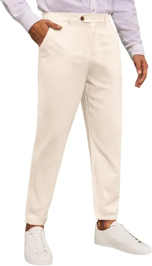 Runcati Mens Slim Fit Casual Pants Cotton Linen Tapered Pants Elastic Waist Summer Beach Lightweight Trousers