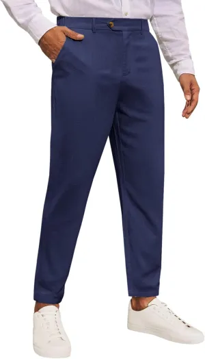 Runcati Mens Slim Fit Casual Pants Cotton Linen Tapered Pants Elastic Waist Summer Beach Lightweight Trousers