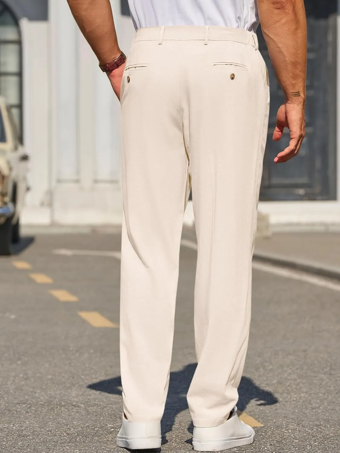 Runcati Mens Slim Fit Casual Pants Cotton Linen Tapered Pants Elastic Waist Summer Beach Lightweight Trousers