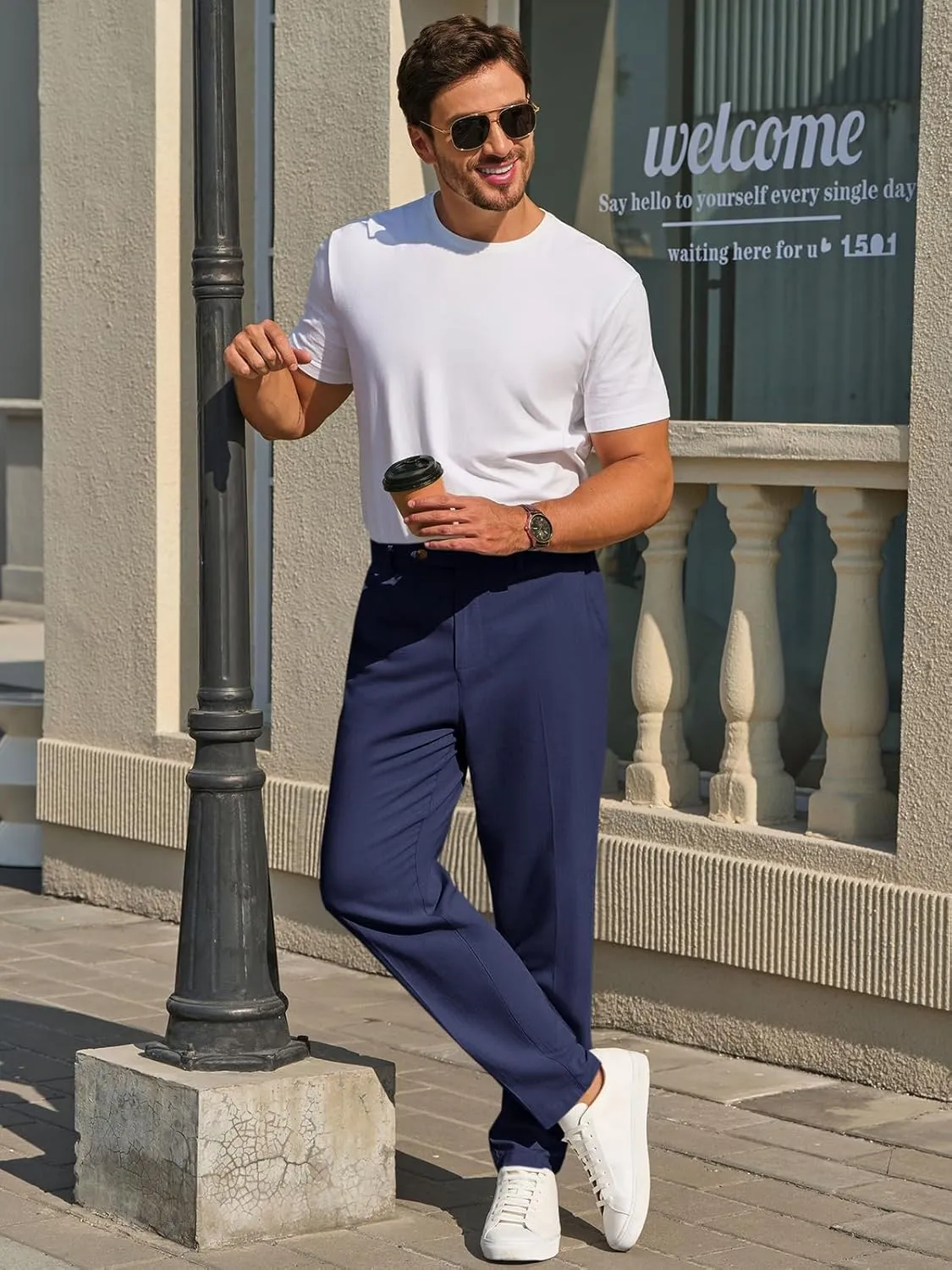 Runcati Mens Slim Fit Casual Pants Cotton Linen Tapered Pants Elastic Waist Summer Beach Lightweight Trousers