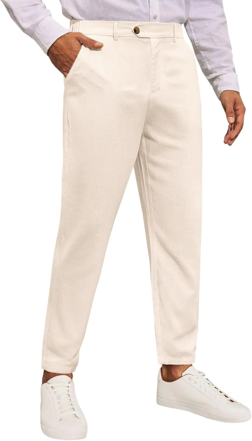 Runcati Mens Slim Fit Casual Pants Cotton Linen Tapered Pants Elastic Waist Summer Beach Lightweight Trousers