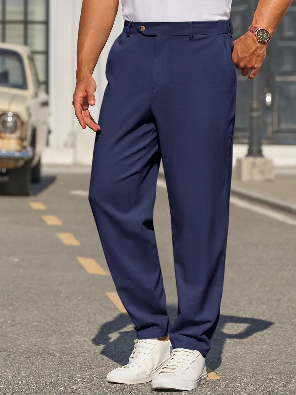 Runcati Mens Slim Fit Casual Pants Cotton Linen Tapered Pants Elastic Waist Summer Beach Lightweight Trousers