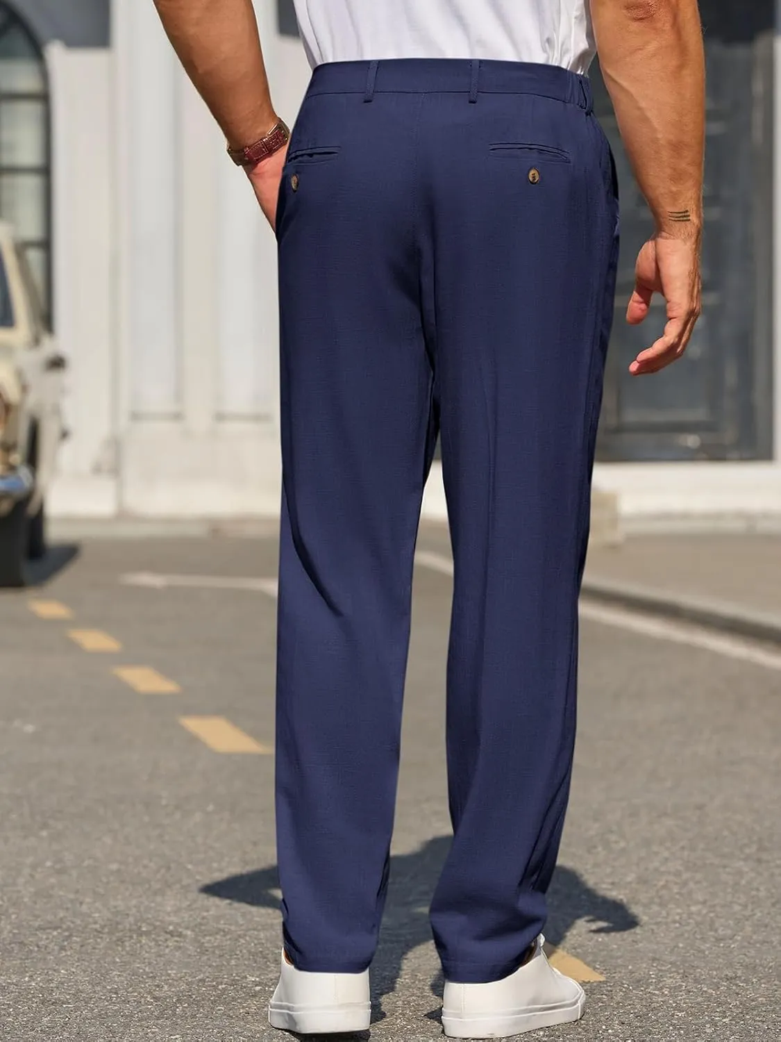 Runcati Mens Slim Fit Casual Pants Cotton Linen Tapered Pants Elastic Waist Summer Beach Lightweight Trousers
