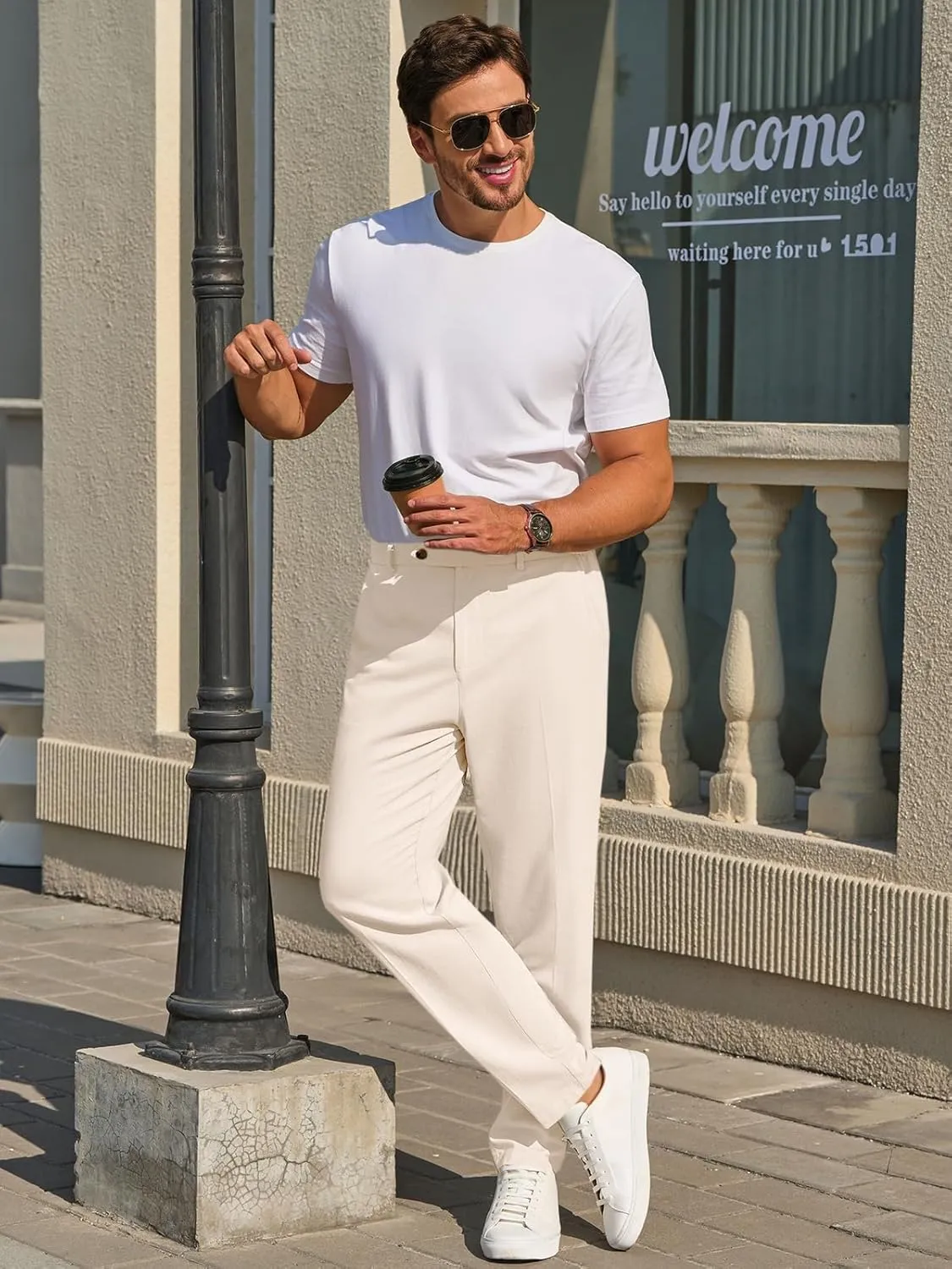Runcati Mens Slim Fit Casual Pants Cotton Linen Tapered Pants Elastic Waist Summer Beach Lightweight Trousers
