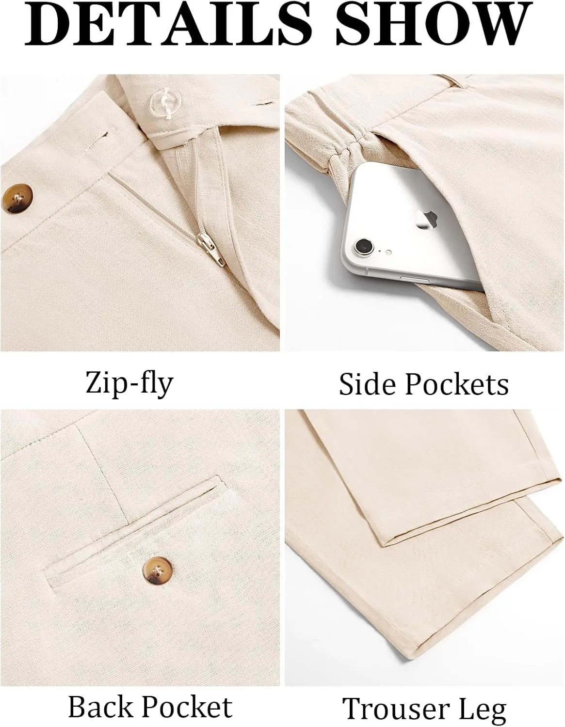Runcati Mens Slim Fit Casual Pants Cotton Linen Tapered Pants Elastic Waist Summer Beach Lightweight Trousers