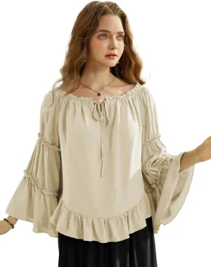 Scarlet Darkness Women Bell Sleeve Tops Ruffle Off Shoulder Casual Loose Renaissance Peasant Blouse