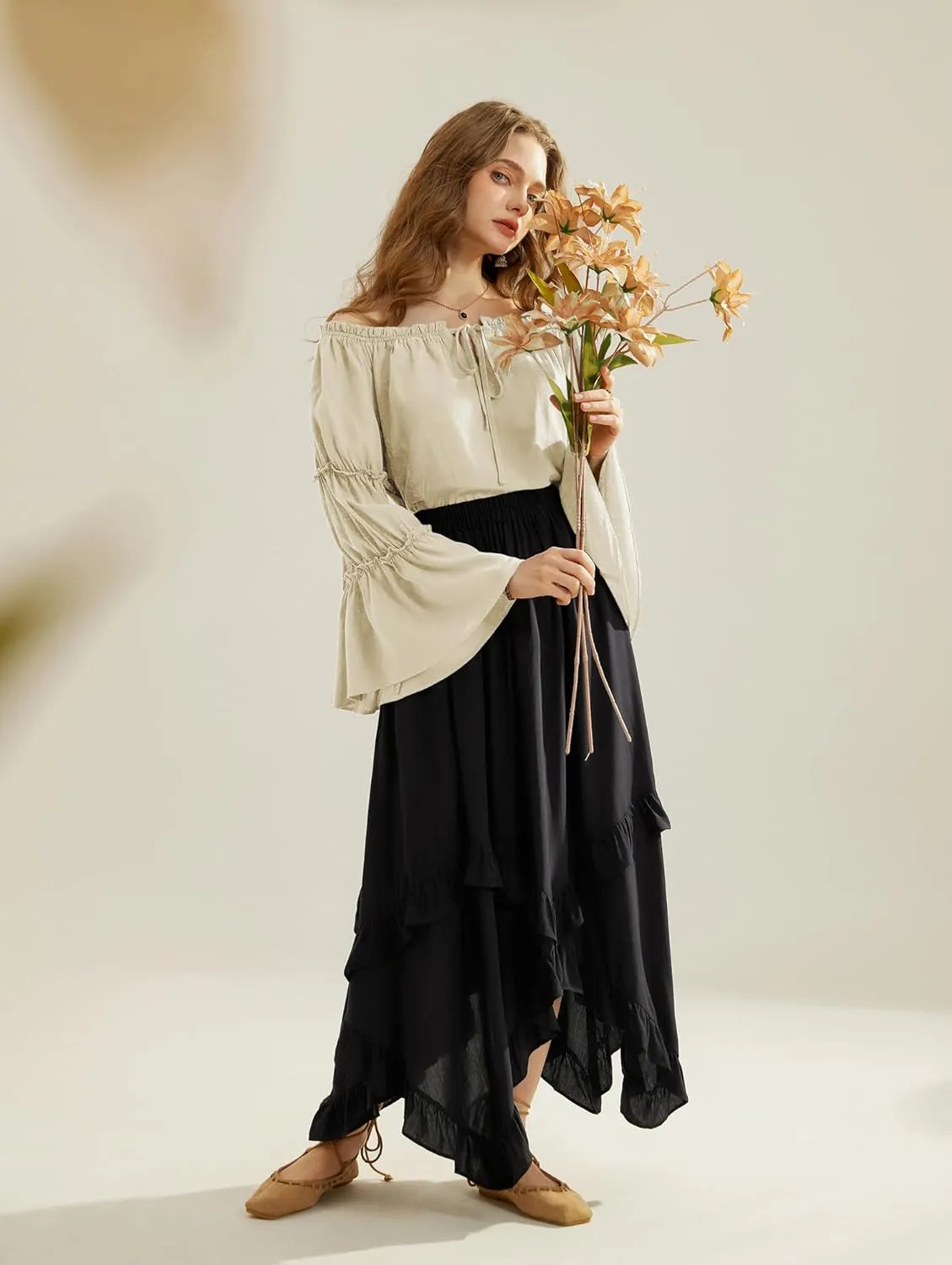Scarlet Darkness Women Bell Sleeve Tops Ruffle Off Shoulder Casual Loose Renaissance Peasant Blouse