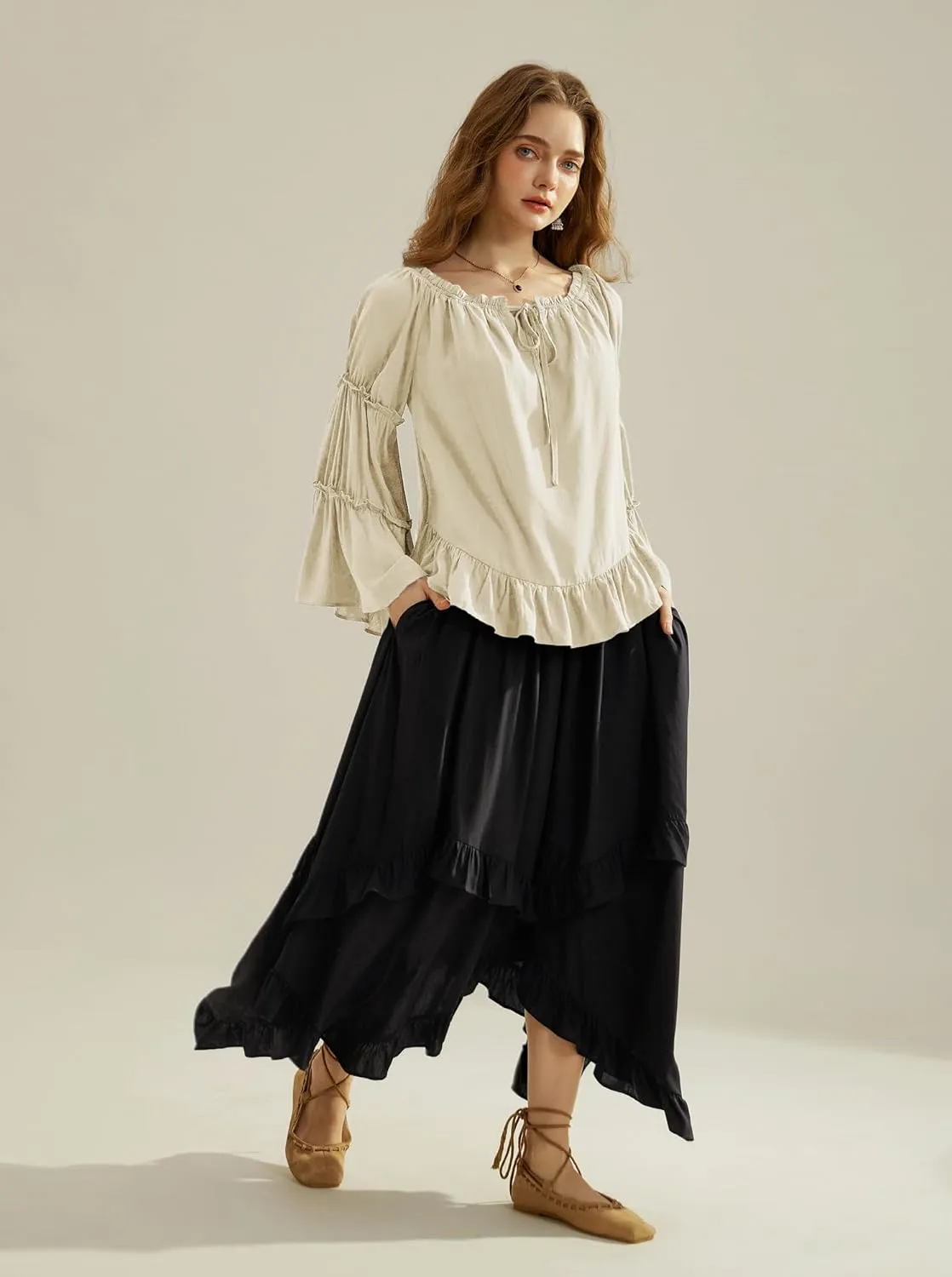 Scarlet Darkness Women Bell Sleeve Tops Ruffle Off Shoulder Casual Loose Renaissance Peasant Blouse