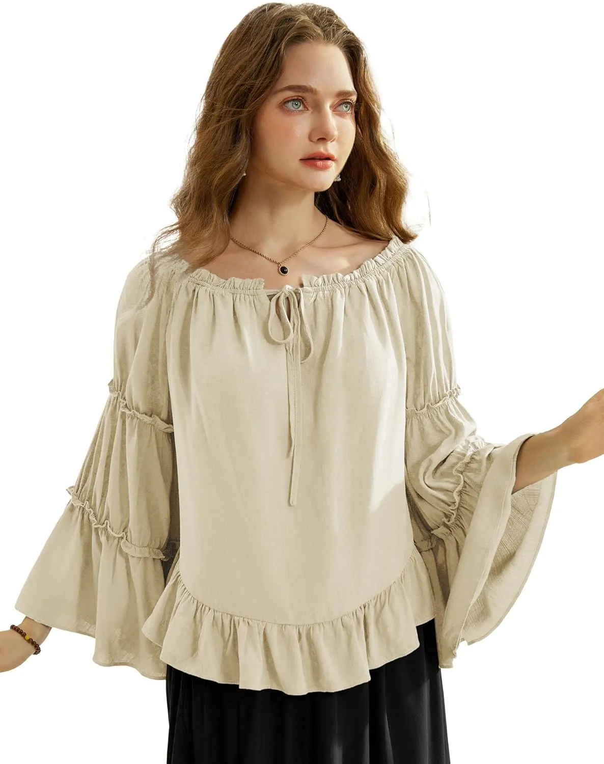 Scarlet Darkness Women Bell Sleeve Tops Ruffle Off Shoulder Casual Loose Renaissance Peasant Blouse