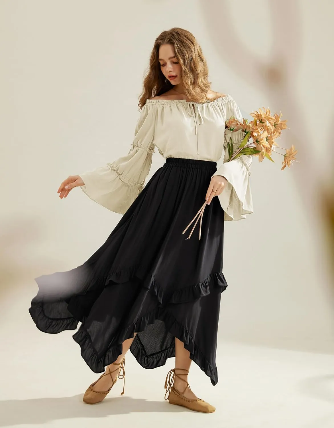 Scarlet Darkness Women Bell Sleeve Tops Ruffle Off Shoulder Casual Loose Renaissance Peasant Blouse