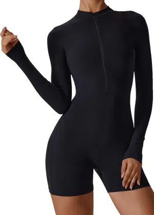 SEAUR Women's Yoga One Piece Long Sleeve Tummy Control Sports Rompers Workout Bodycon Stretch Shorts Jumpsuit