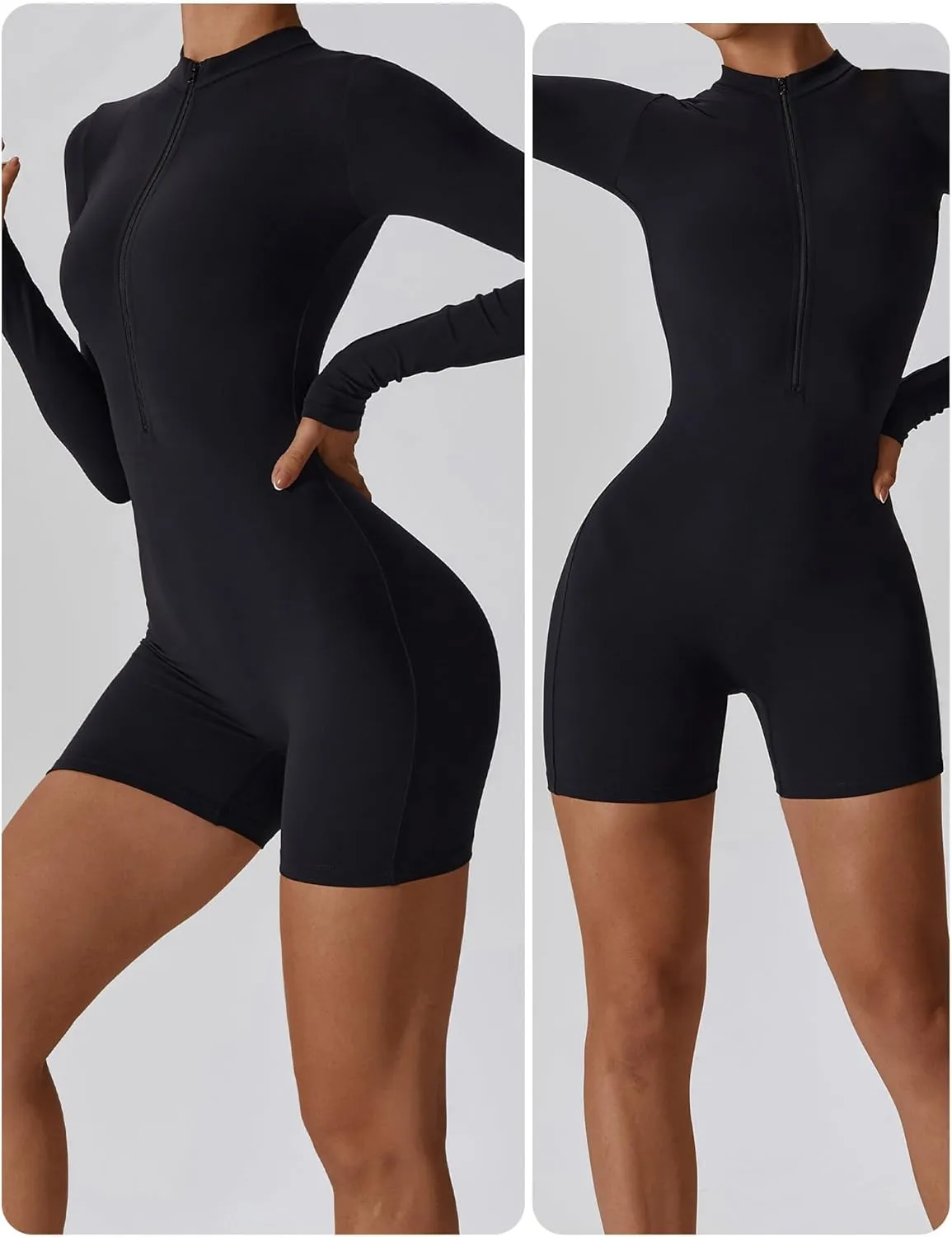 SEAUR Women's Yoga One Piece Long Sleeve Tummy Control Sports Rompers Workout Bodycon Stretch Shorts Jumpsuit