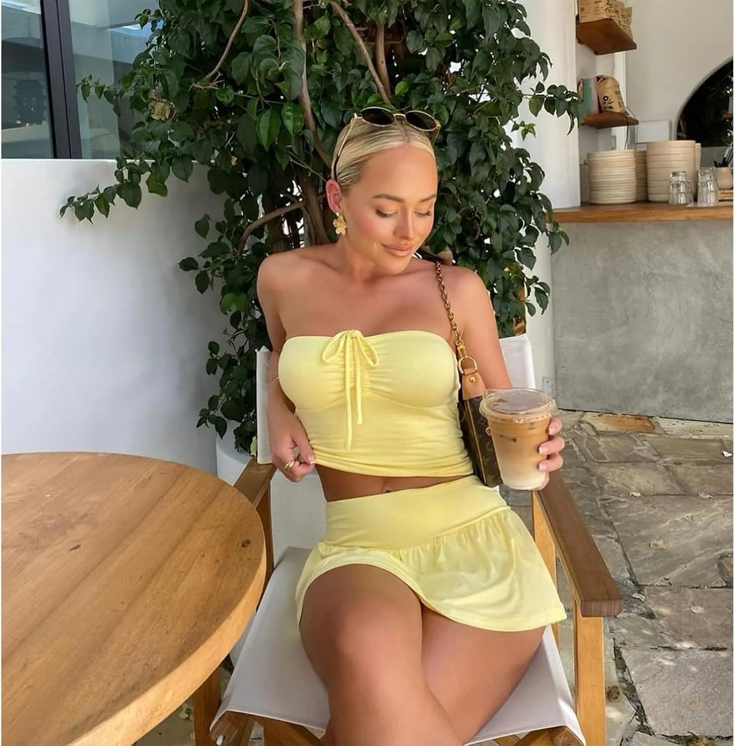 Sexy Two Piece Outfits for Womens Summer Y2K Going Out Tube Top Skirt Mini Dress Rave Festival Beach Club Skort Set