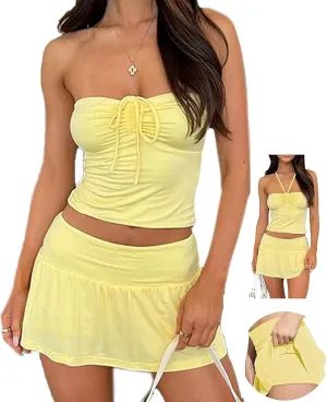 Sexy Two Piece Outfits for Womens Summer Y2K Going Out Tube Top Skirt Mini Dress Rave Festival Beach Club Skort Set