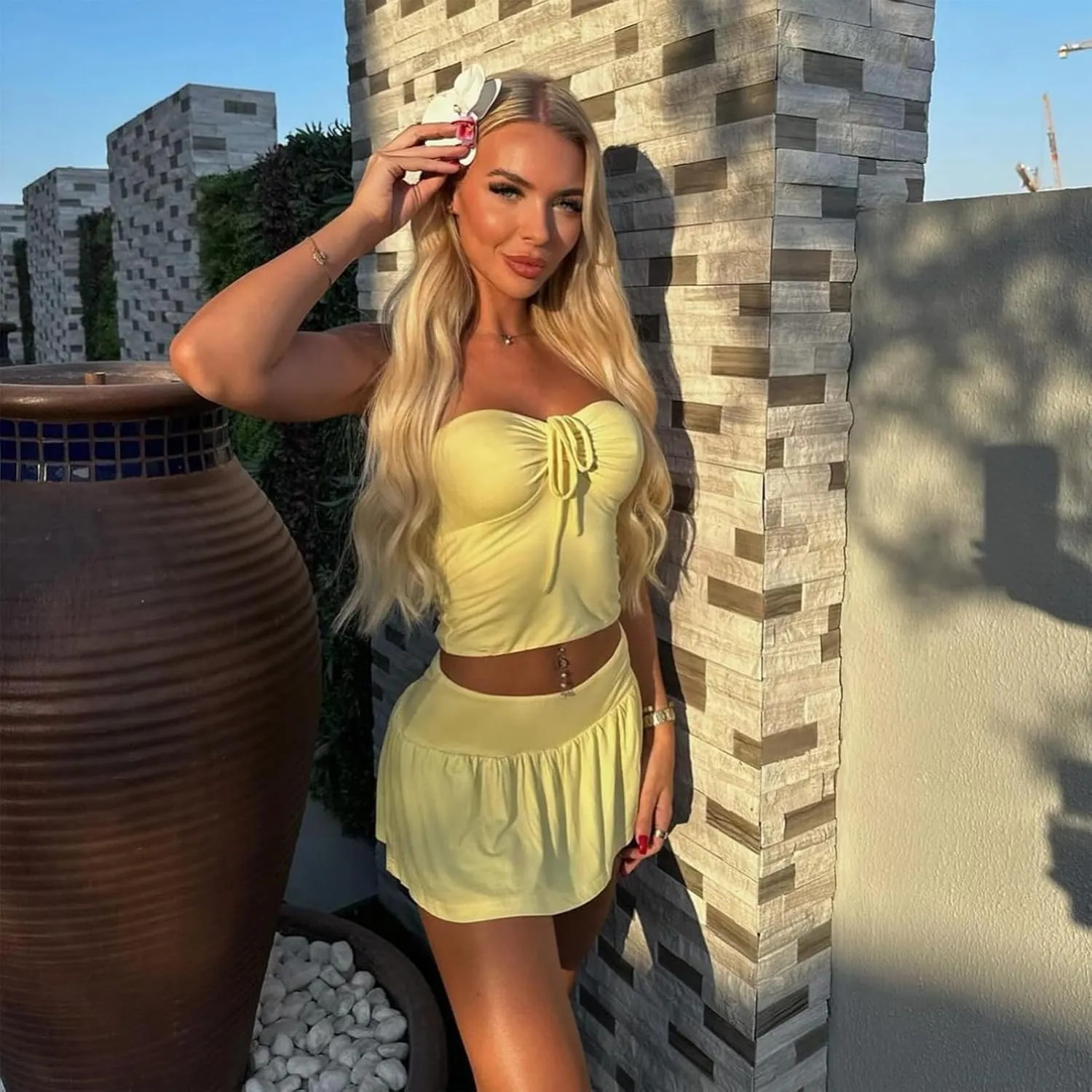 Sexy Two Piece Outfits for Womens Summer Y2K Going Out Tube Top Skirt Mini Dress Rave Festival Beach Club Skort Set