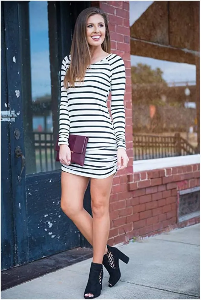 Sherosa Womens Basic Casual Long Sleeve Slim Fit T Shirt Dress Tunic Top