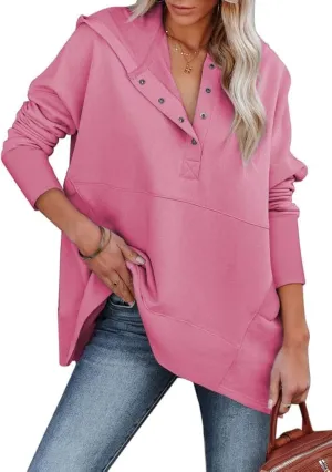 SHEWIN Womens Oversized Sweatshirt Hoodies Casual Button V Neck Hooded Pullover Tops with Pocket