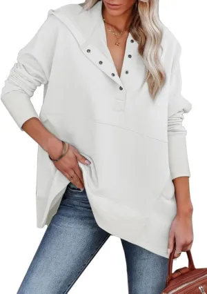 SHEWIN Womens Oversized Sweatshirt Hoodies Casual Button V Neck Hooded Pullover Tops with Pocket