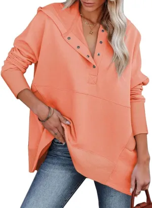 SHEWIN Womens Oversized Sweatshirt Hoodies Casual Button V Neck Hooded Pullover Tops with Pocket