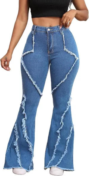 Skinny Jeans for Women High Waisted Ripped Hole Side Ruffle Raw Hem Distressed Classic Denim Jean Pants