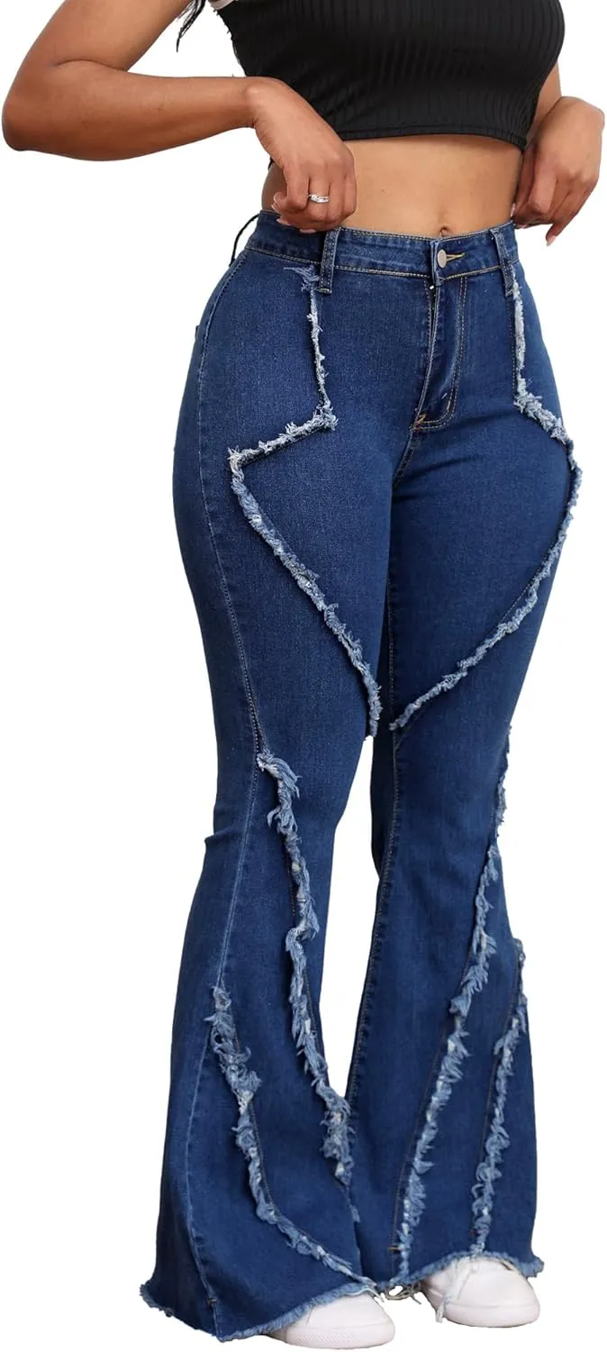 Skinny Jeans for Women High Waisted Ripped Hole Side Ruffle Raw Hem Distressed Classic Denim Jean Pants
