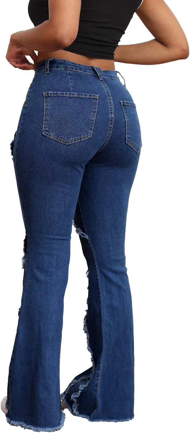 Skinny Jeans for Women High Waisted Ripped Hole Side Ruffle Raw Hem Distressed Classic Denim Jean Pants